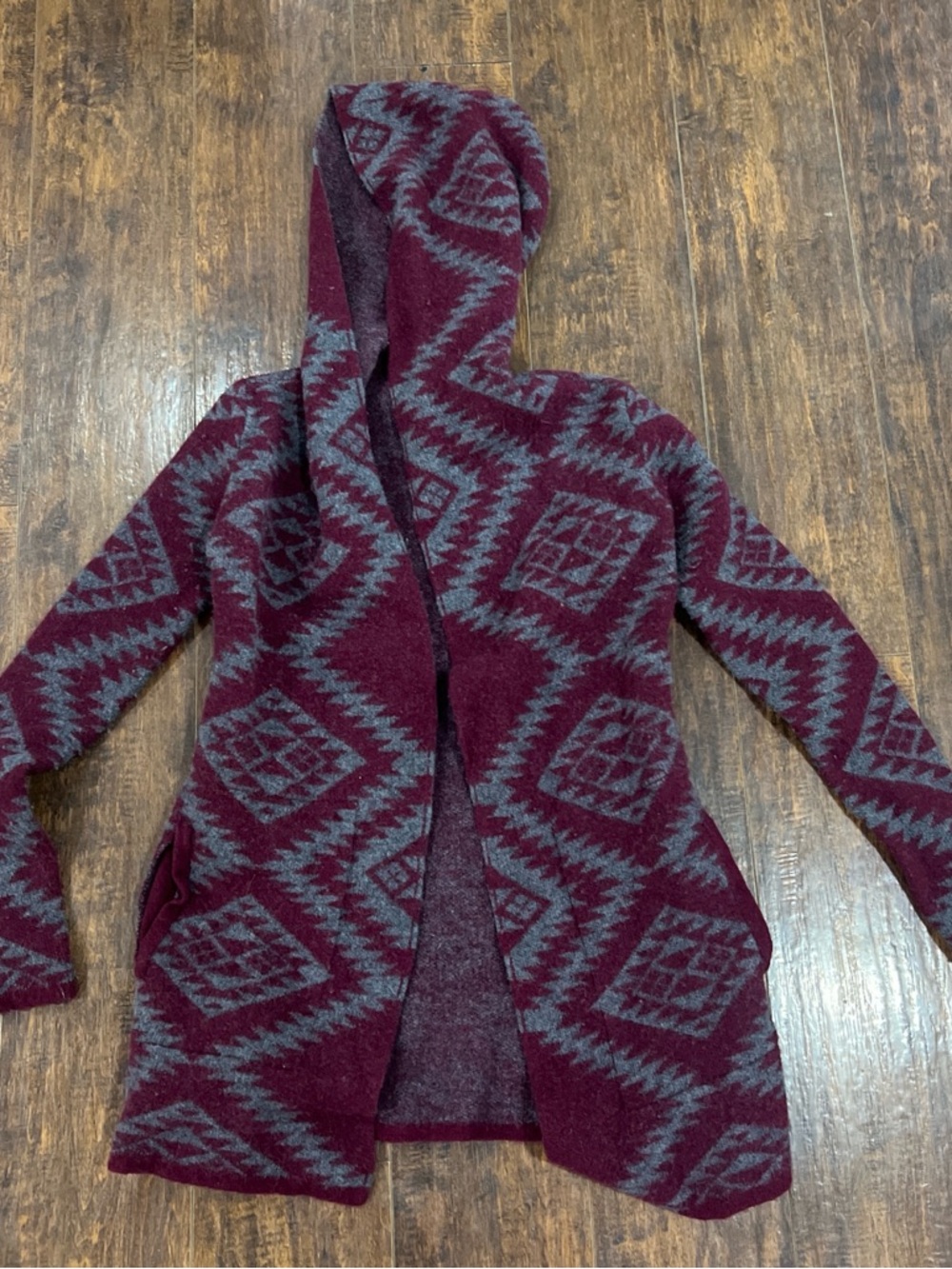 Horny Toad Burgundy and Gray Aztec Hooded Open-Front Cardigan
